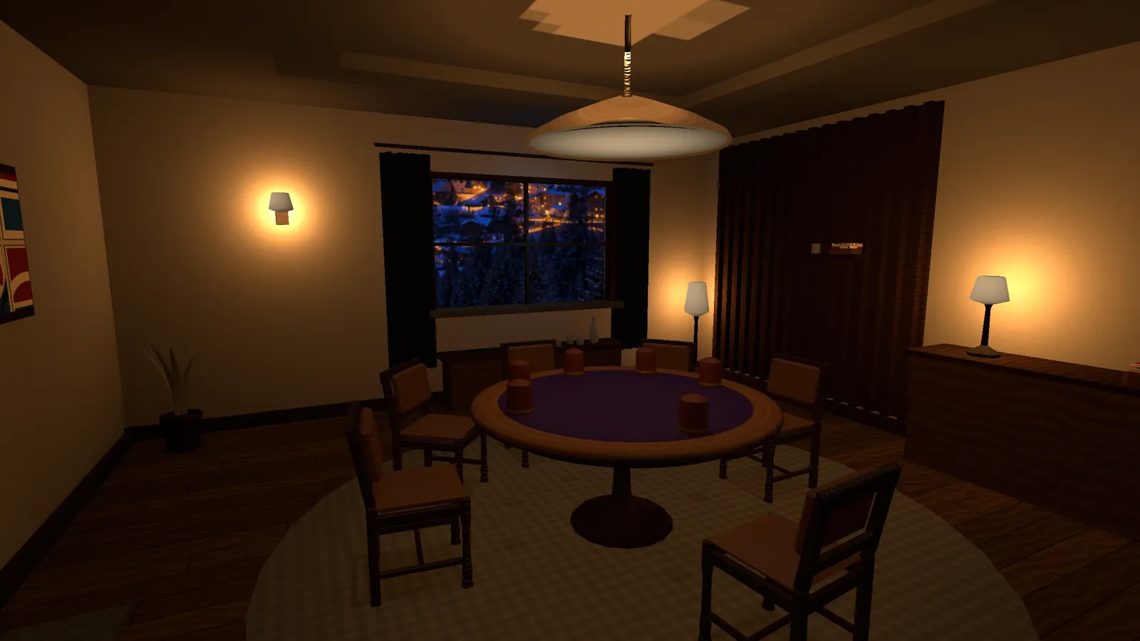 The Lodge: a lamplit room with a round table and a snowy village through the window.