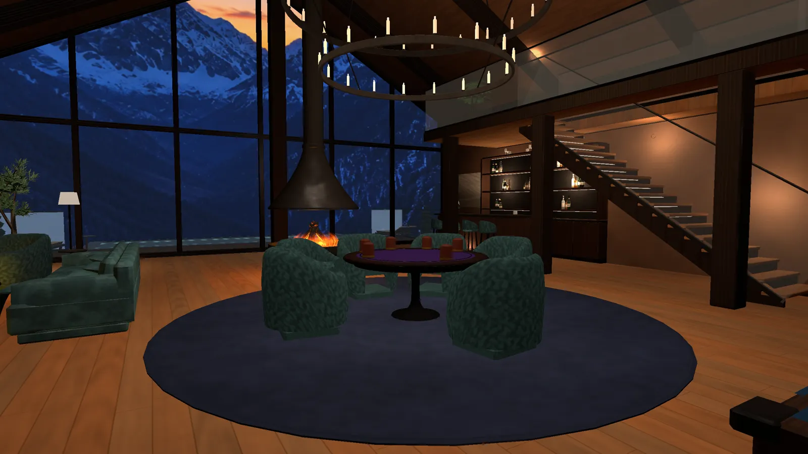 The Mountain Chalet: armchairs around a table by a hanging fireplace, snowy peaks through tall windows.