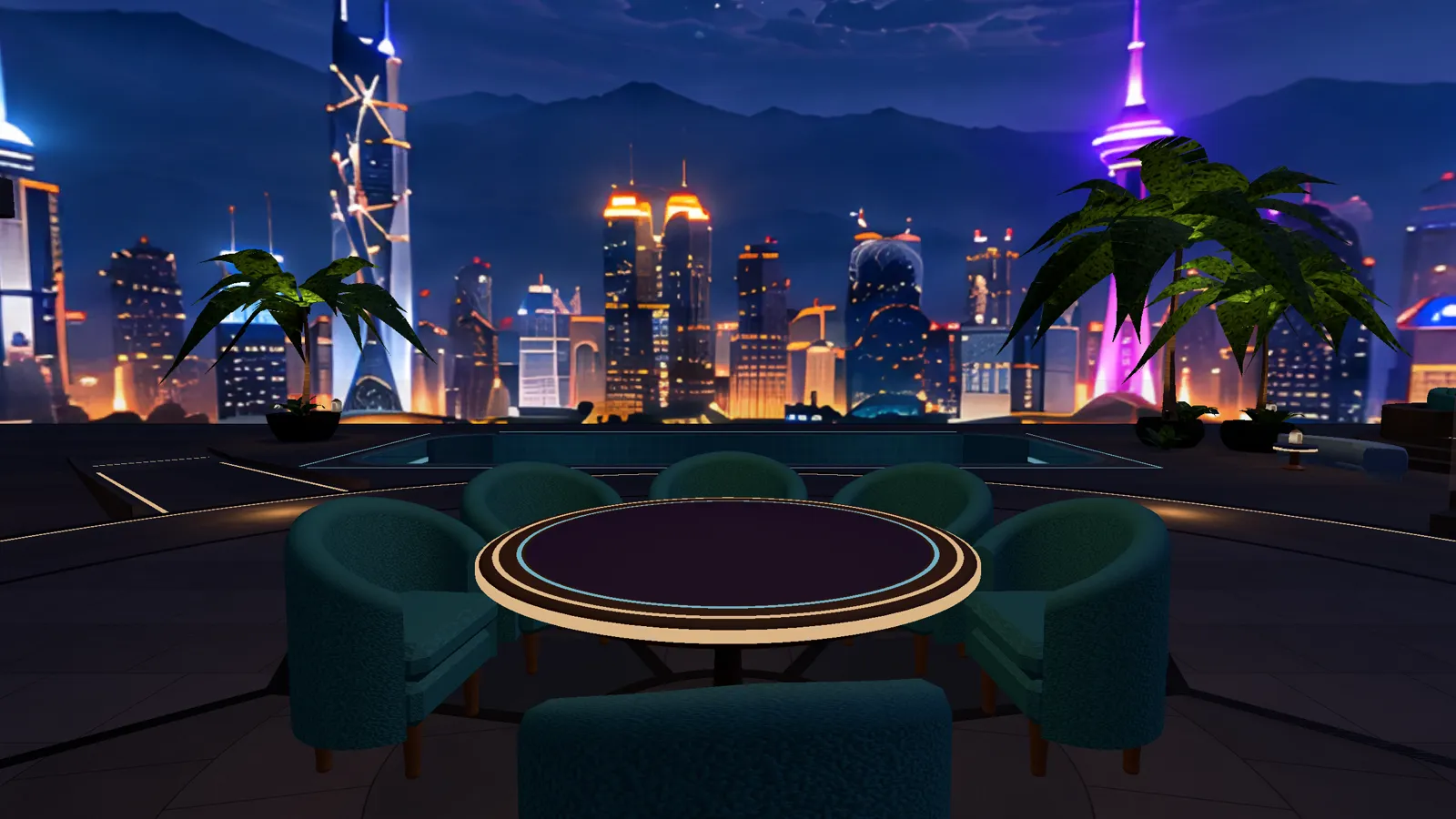 The Sky Lounge: a round table with teal armchairs on a rooftop above a neon city at night.
