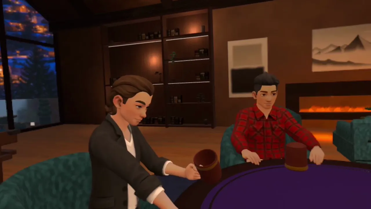 Two Meta Avatars seated at the table in a warm, wood-panelled room.