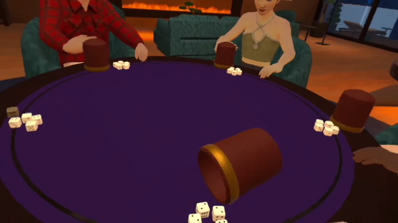 Dice cups and white dice scattered across a purple felt table.