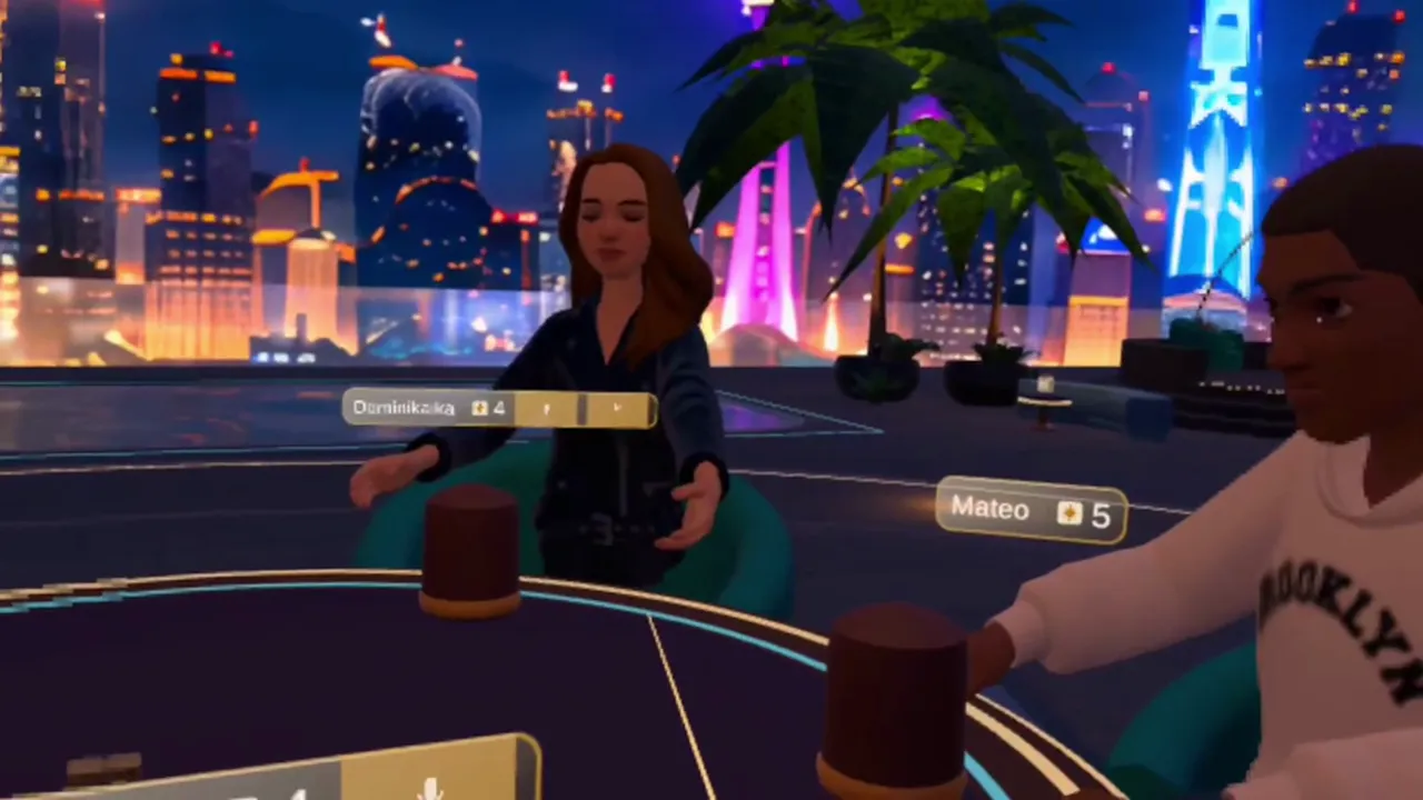 Players' avatars around a table on a rooftop above a neon city.