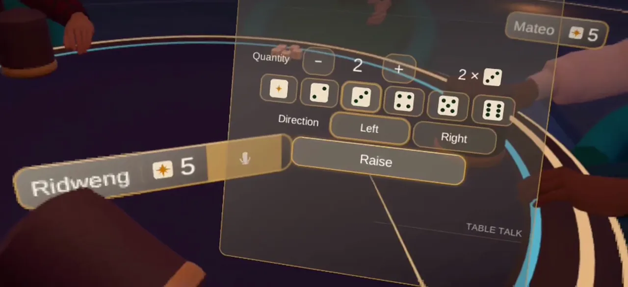 The floating bid panel: quantity, dice faces, direction and a Raise button.