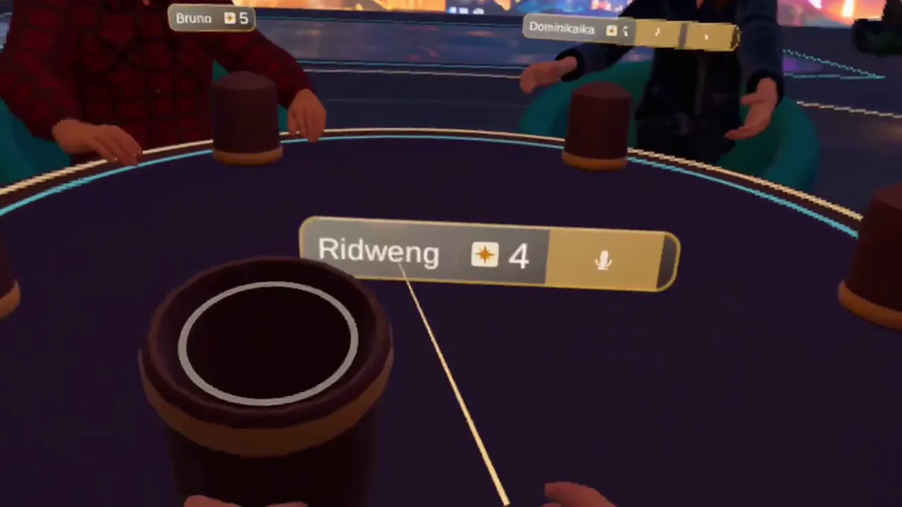 First-person view looking down into a dice cup, with the player's name tag showing four dice.